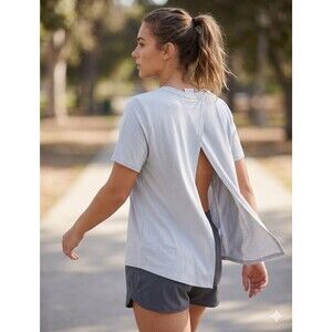 Fabletics Women's Large Grey Short Sleeve Top - Sheer Neckline Open Back Workout